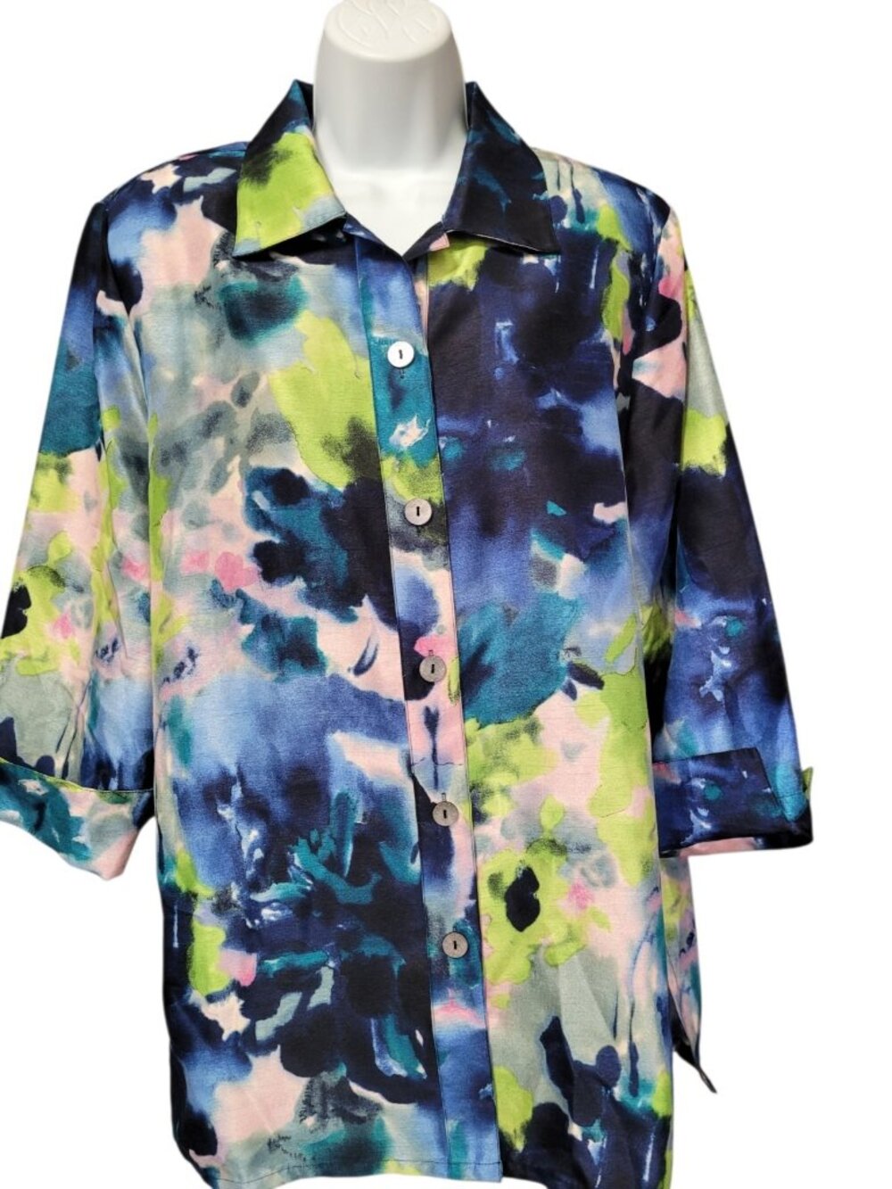 Drapers & Damons Floral Button Blouse XL Vintage 80s 90s Watercolor 3/4 Sleeve